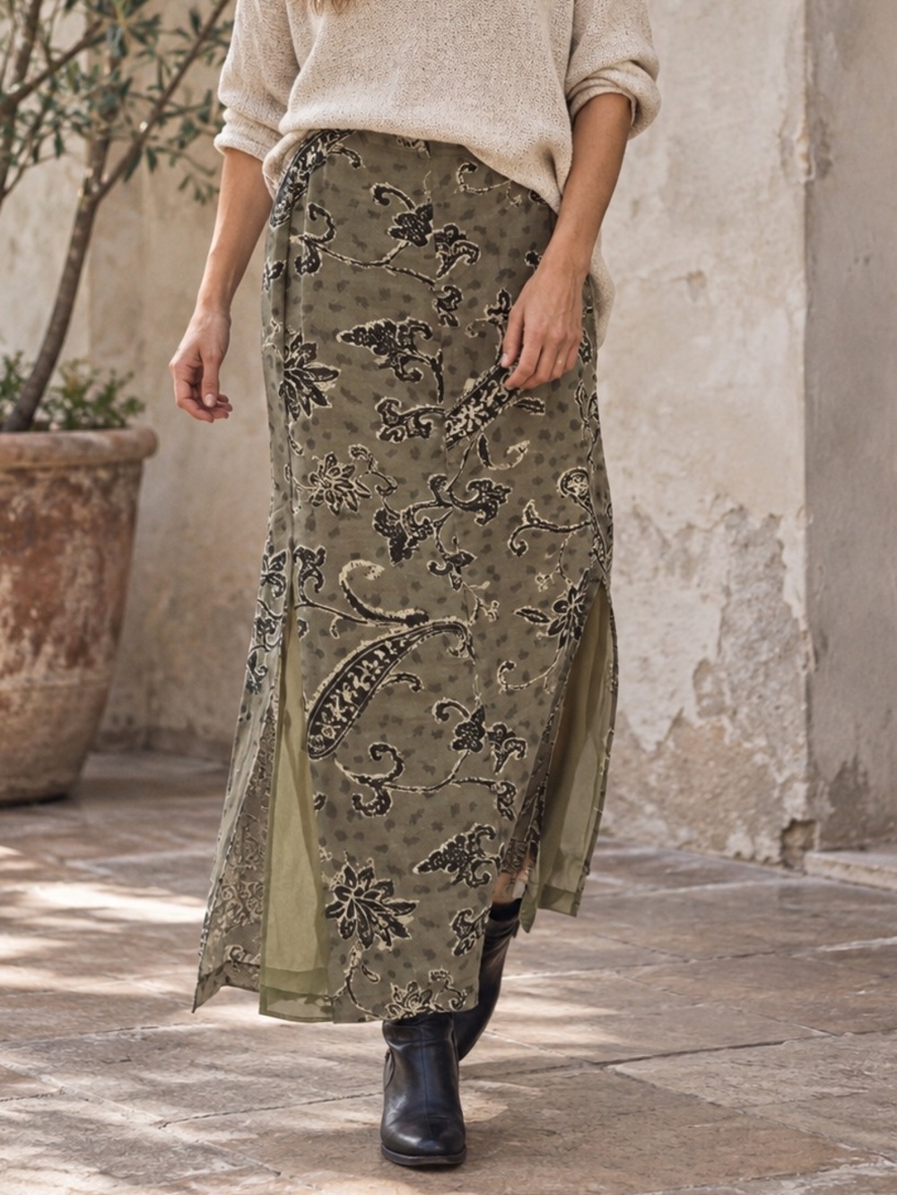 Studio Jax Olive Paisley Maxi Skirt Sheer Side Slits Romantic Vintage Style 12